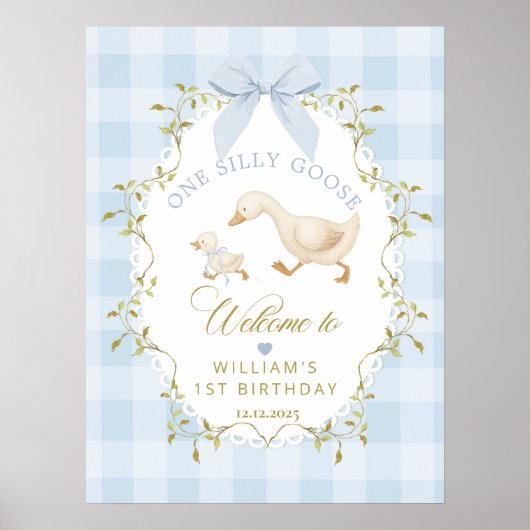 One Silly Goose Blue Gingham Birthday Welcome Poster (Voorkant)