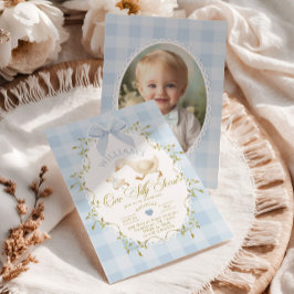 One Silly Goose Blue Gingham Photo 1st Birthday Kaart