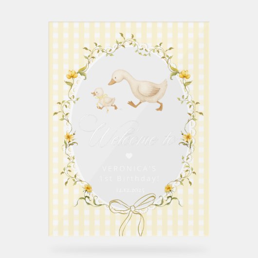 One Silly Goose Gingham 1st Birthday Welcome Acryl Bord (Voorkant)