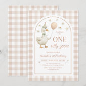 One Silly Goose Girl 1st Birthday Party Invitation Kaart (Voorkant / Achterkant)