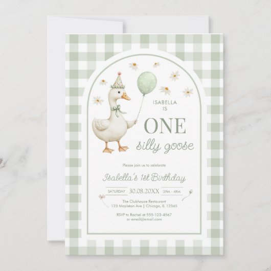 One Silly Goose Green Girl 1st Birthday Invitation (Devant)