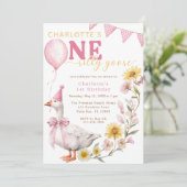 One Silly Goose Pink Bow 1st Birthday Invitation (Debout devant)