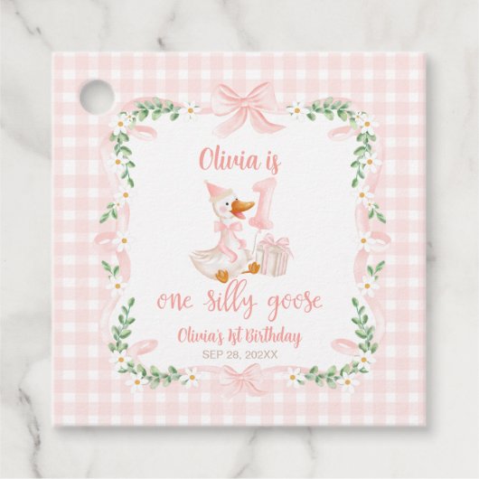 One Silly Goose Pink Bow Floral 1st Birthday Bedankjes Labels (Voorkant)