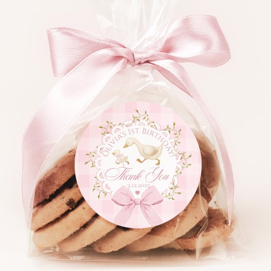 One Silly Goose Pink Gingham Whimsical Thank you Ronde Sticker
