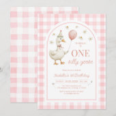 One Silly Goose Pink Girl 1st Birthday Invitation (Devant / Derrière)