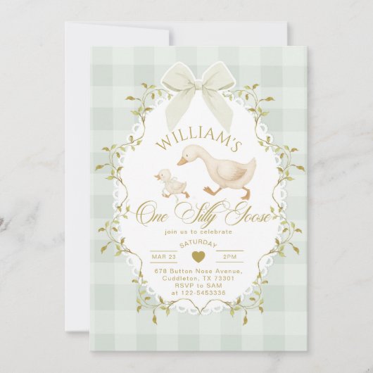 One Silly Goose Pistachio Gingham 1st Birthday Kaart (Voorkant)