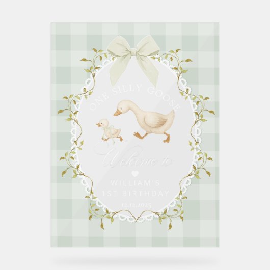 One Silly Goose Sage Gingham Birthday Welcome Acryl Bord (Voorkant)