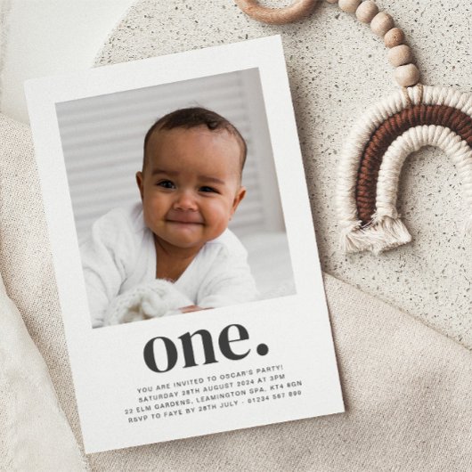 One Square Photo First Birthday Invitation Kaart
