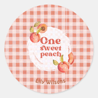 One Sweet Peach 1e verjaardag Rustieke Gingham Ronde Sticker