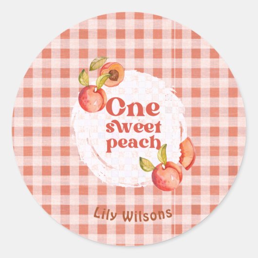One Sweet Peach 1e verjaardag Rustieke Gingham Ronde Sticker (Voorkant)