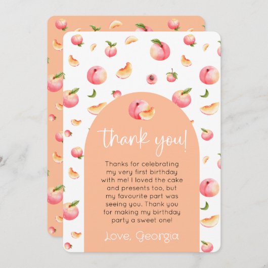 One Sweet Peach 1er Birthday Photo Carte de remerc (Devant / Derrière)