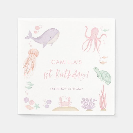 Oneder de Zee meisjes 1e verjaardag servetten (Voorkant)