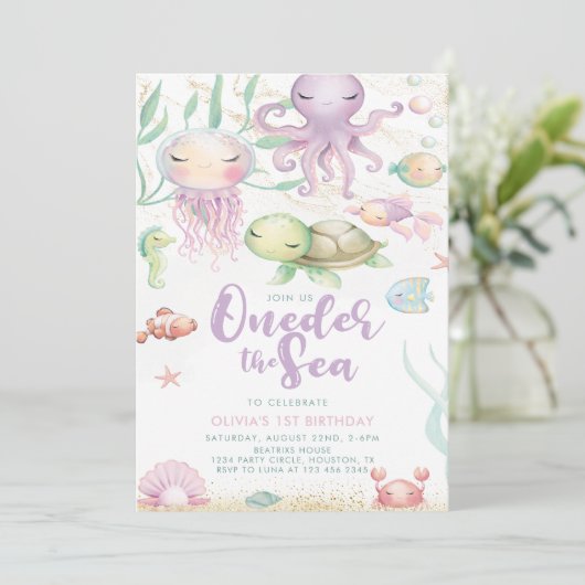 Oneder Het Zee 1e Verjaardag onder het Zee paarse Kaart (Staand voorkant)
