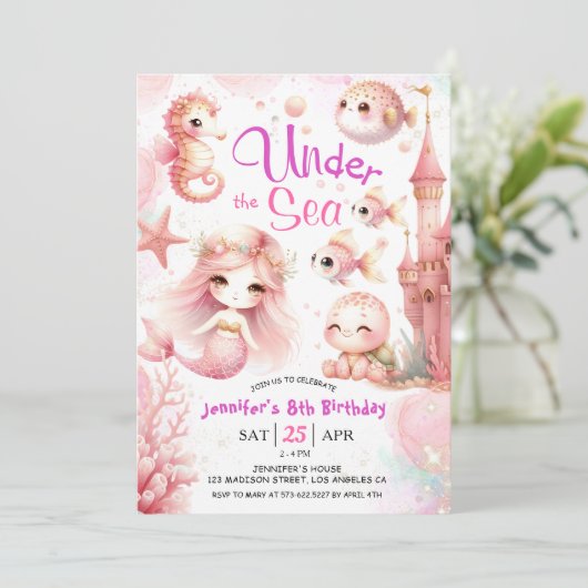 ONEder Het Zee! 8th Birthday Meisje Roze Schattige Kaart (Staand voorkant)