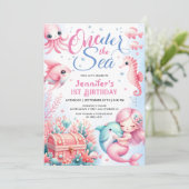 ONEder Het Zee! Roze Kleine Zeemeermin 1e Verjaard Kaart (Staand voorkant)