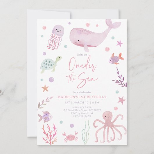 Oneder het Zee Roze Pastel 1e Verjaardag Kaart (Voorkant)