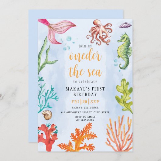 oneder het zee zeemeermin thema Feest eerste Verja Kaart (Voorkant / Achterkant)