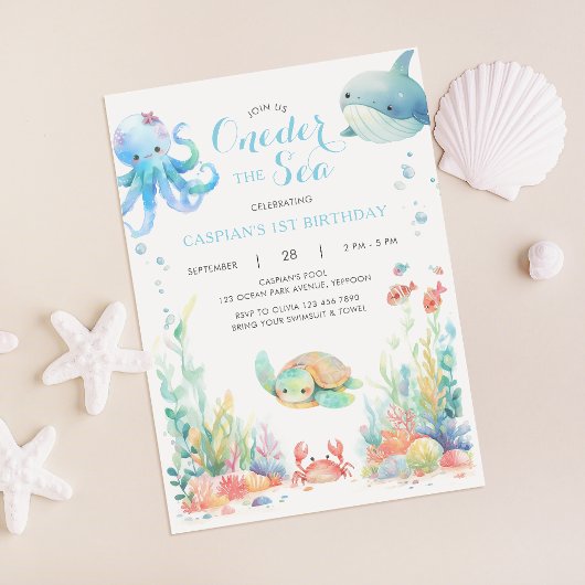 Oneder Sea First Birthday Blue Invitation