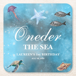 Oneder The Sea 1e Verjaardag Vierkante Kartonnen Onderzetter