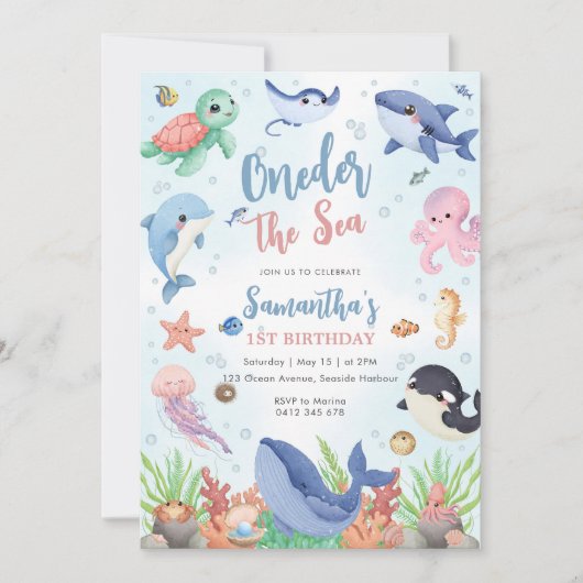 Oneder The Sea 1st Birthday Invitation Kaart (Voorkant)
