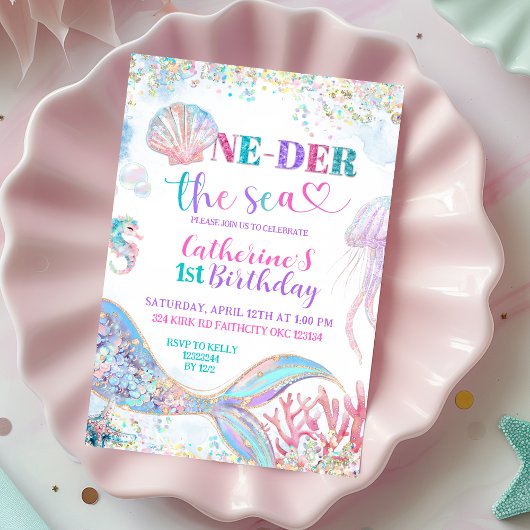 Oneder the sea mermaid 1st birthday invitation