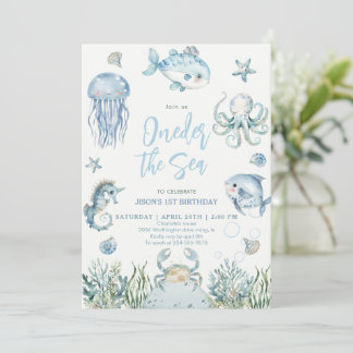 Oneder the Sea Ocean Animals Boy 1st Birthday  Kaart