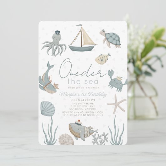 Oneder the Zee Creatures Blue Boy 1st Birthday Kaart (Staand voorkant)