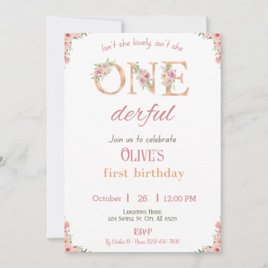 Onederday Girl Invitation 1er anniversaire (Devant)