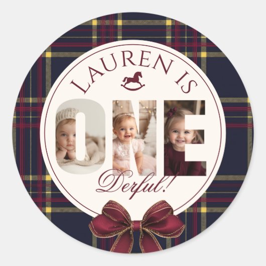 OneDerful 1st Birtdhay Bourgogne Classic Plaid Ronde Sticker (Voorkant)