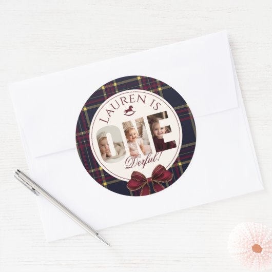 OneDerful 1st Birtdhay Bourgogne Classic Plaid Ronde Sticker (Envelop)