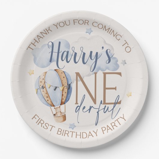 ONEderful 1st Verjaardag Hete Luchtballon Papier B Papieren Bordje (Voorkant)