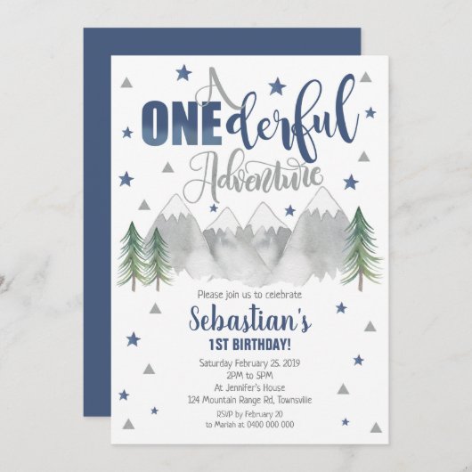 Onederful Adventure Birthday Invitation Navy 1st Kaart (Voorkant / Achterkant)