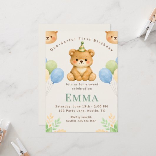 Onederful Bear First Birthday Party Invitation (Devant/Arrière en situation)
