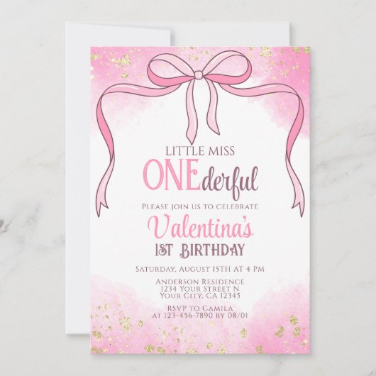 Onederful Coquette Pink Bow Glitter 1e verjaardag Kaart (Voorkant)