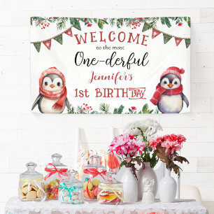 ONEderful Pinguïn Kerst 1e Verjaardagsfeestje Spandoek