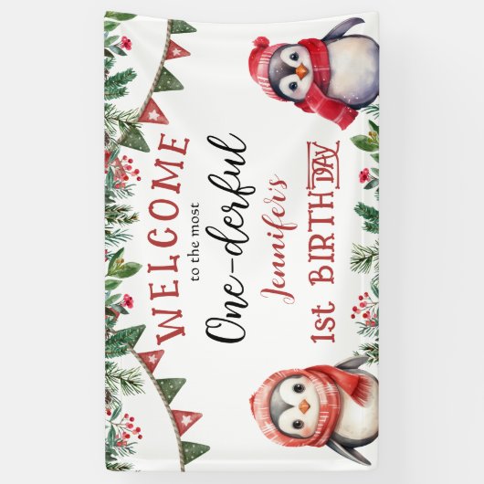 ONEderful | Pinguïn Kerstmis 1e Verjaardagsfeestje Spandoek (Verticaal)