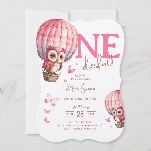 Onederful Pink Owl Hot Air Ballon 1e verjaardag Kaart (Voorkant)