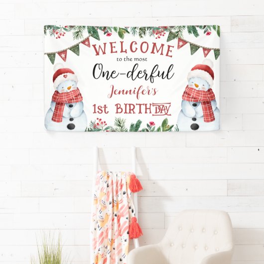 ONEderful | Sneeuwman Kerstmis 1e Verjaardag Feest Spandoek (Insitu)