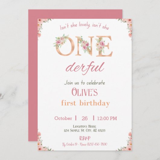 Onederful Verjaardag Meisje Uitnodiging 1e Verjaar (Voorkant / Achterkant)