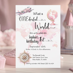 ONEderful wereld roze reismeisje 1e verjaardag Kaart