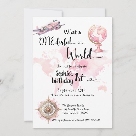 ONEderful wereld roze reismeisje 1e verjaardag Kaart (Voorkant)