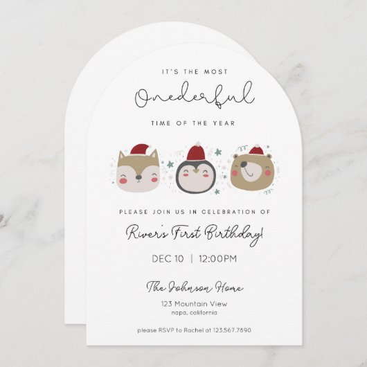 Onederful Winter Animals First Birthday Invitation (Devant / Derrière)