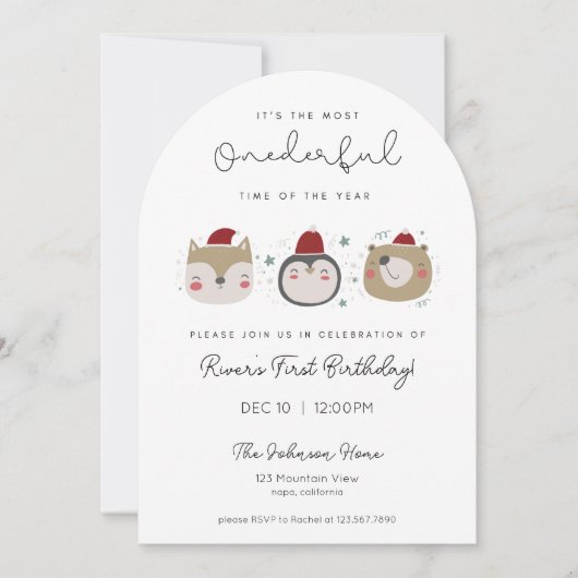 Onederful Winter Animals First Birthday Invitation (Devant)