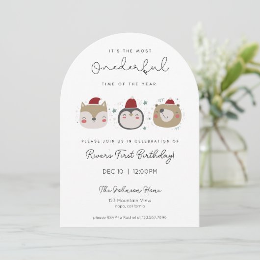Onederful Winter Animals First Birthday Invitation Kaart (Staand voorkant)