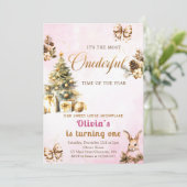 ONEderful Winter Kerstmis Roze 1e Verjaardag Kaart (Staand voorkant)