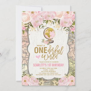 ONEderful World Adventure Map Girls 1st Birthday Kaart