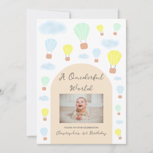 Onederful World Hete Luchtballon 1e Verjaardag Bedankkaart (Voorkant)