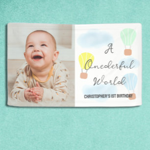 Onederful World Hete Luchtballon 1e Verjaardag Spandoek