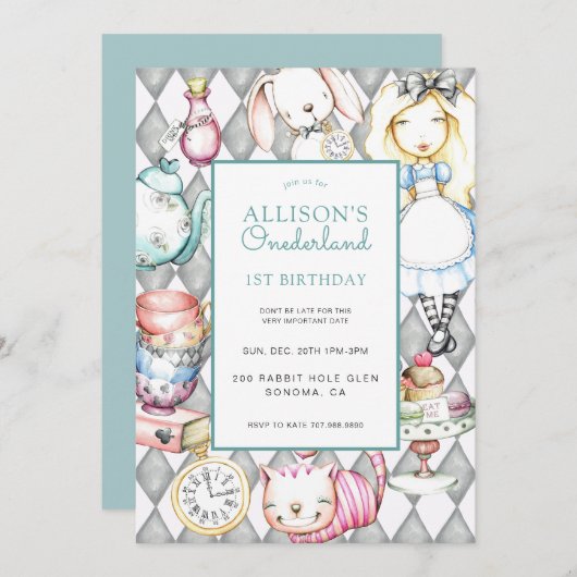 ONEderland Meisje's 1e Verjaardag Uitnodiging (Voorkant / Achterkant)