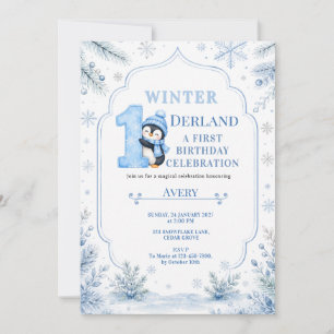 ONEderland Pinguïn Sneeuw Blauw Winter 1e Verjaard Kaart
